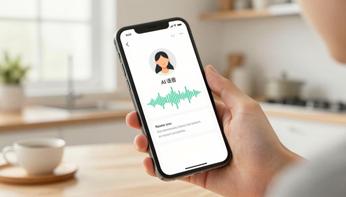 Smartphone held at kitchen table shows AI pronunciation app with waveform feedback, user smiling at correction in watercolor style with soft blending and morning light.