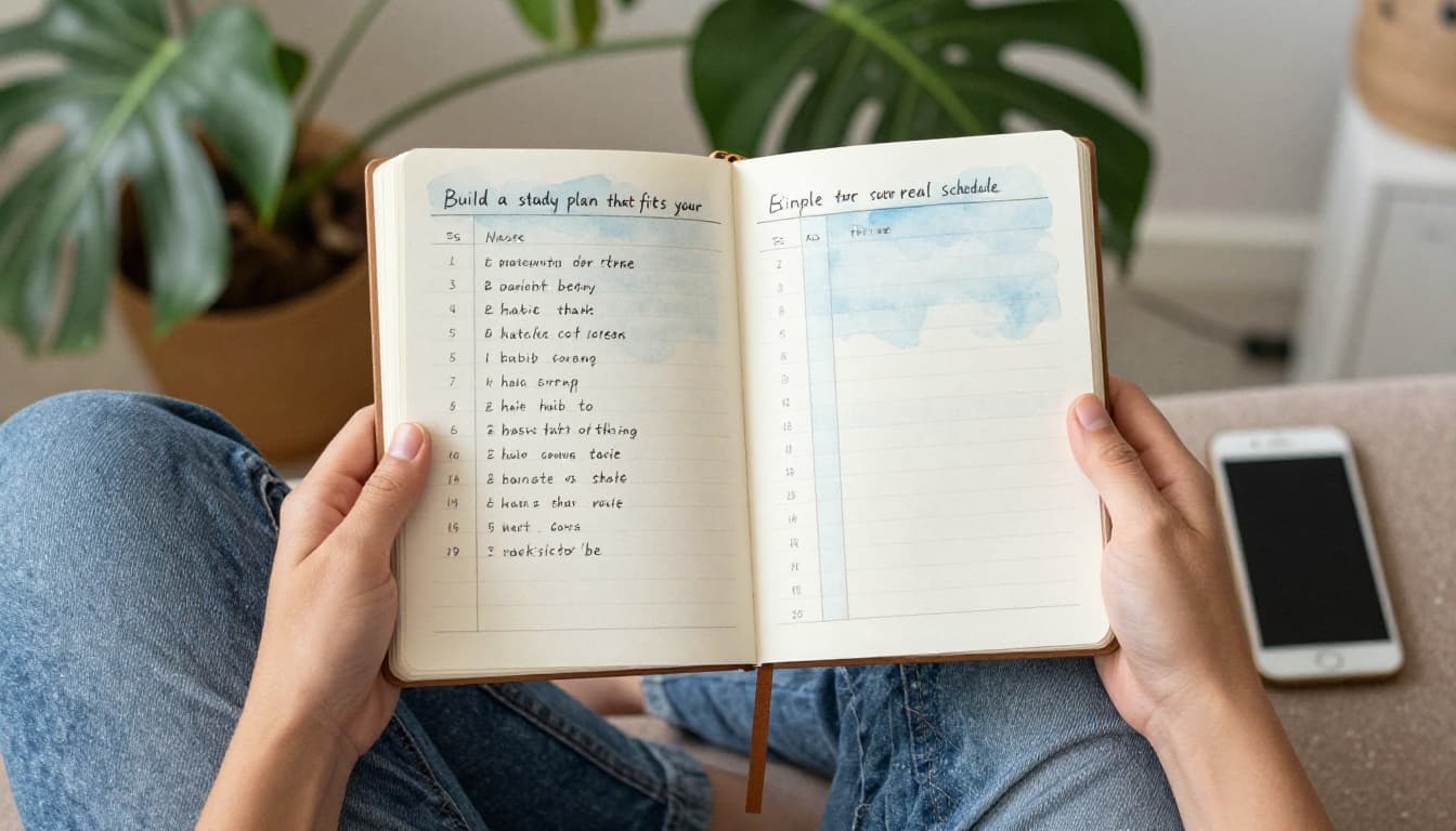 A relaxed beginner holds an open notebook displaying habit streaks and a progress tracker while sitting on a couch in a living room with plants and natural daylight, smartphone nearby, rendered in watercolor style.