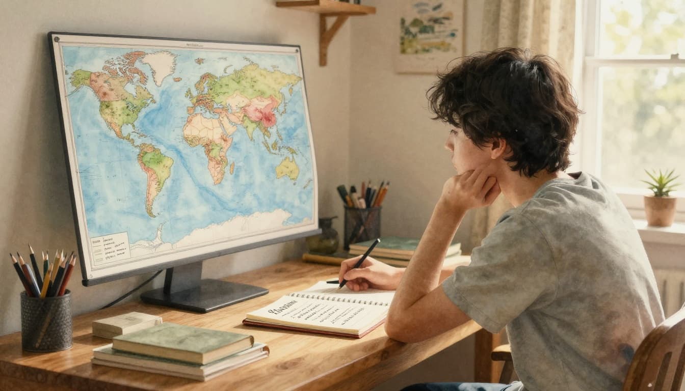 A single beginner learner sits thoughtfully at a wooden desk in a cozy home office, looking at a world map on the wall and a notebook with language notes, illuminated by warm morning light from the window, in watercolor style with soft blending, visible brush texture, pale blue background tone, muted earth tones, landscape composition.
