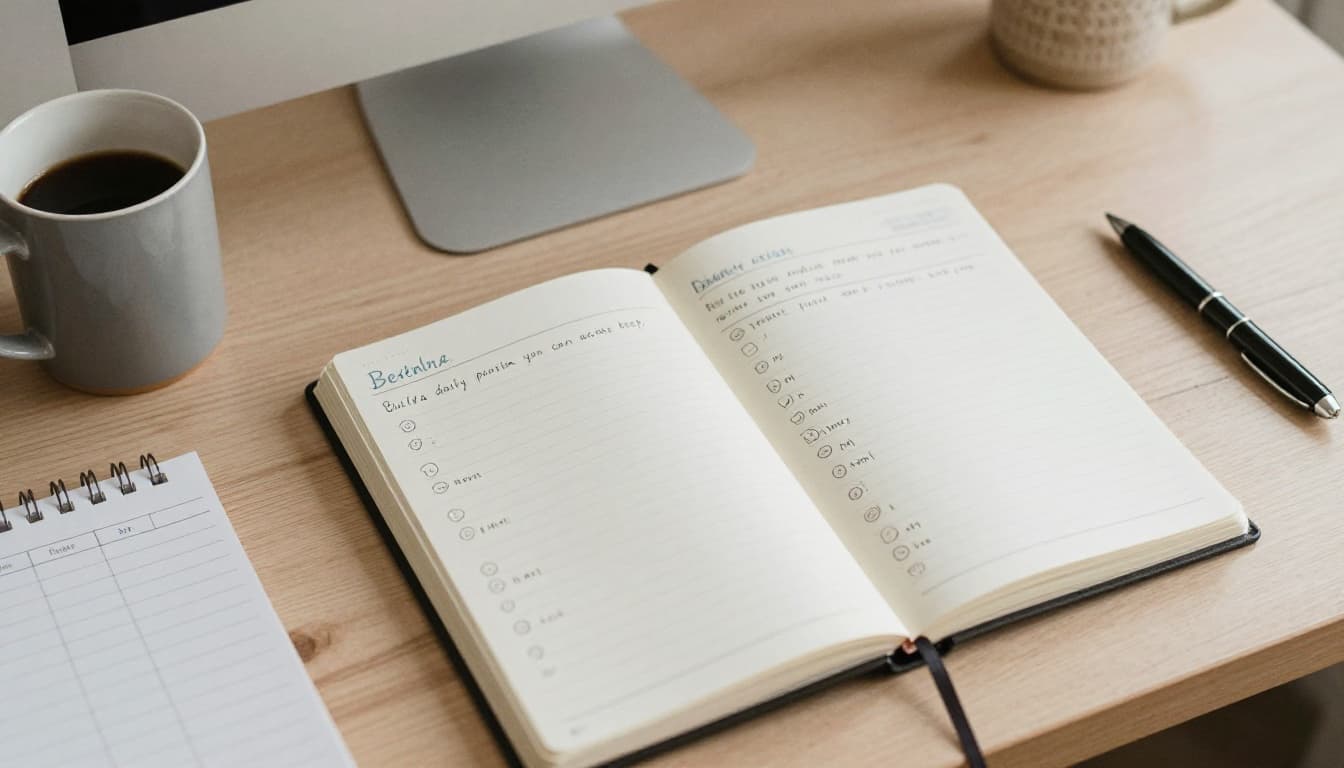 Top-down watercolor illustration of a cozy home desk featuring an open daily planner with pronunciation routine schedule, nearby coffee mug, and notebook with minimal pairs list, evoking a relaxed morning practice vibe with soft natural light and warm neutral tones.