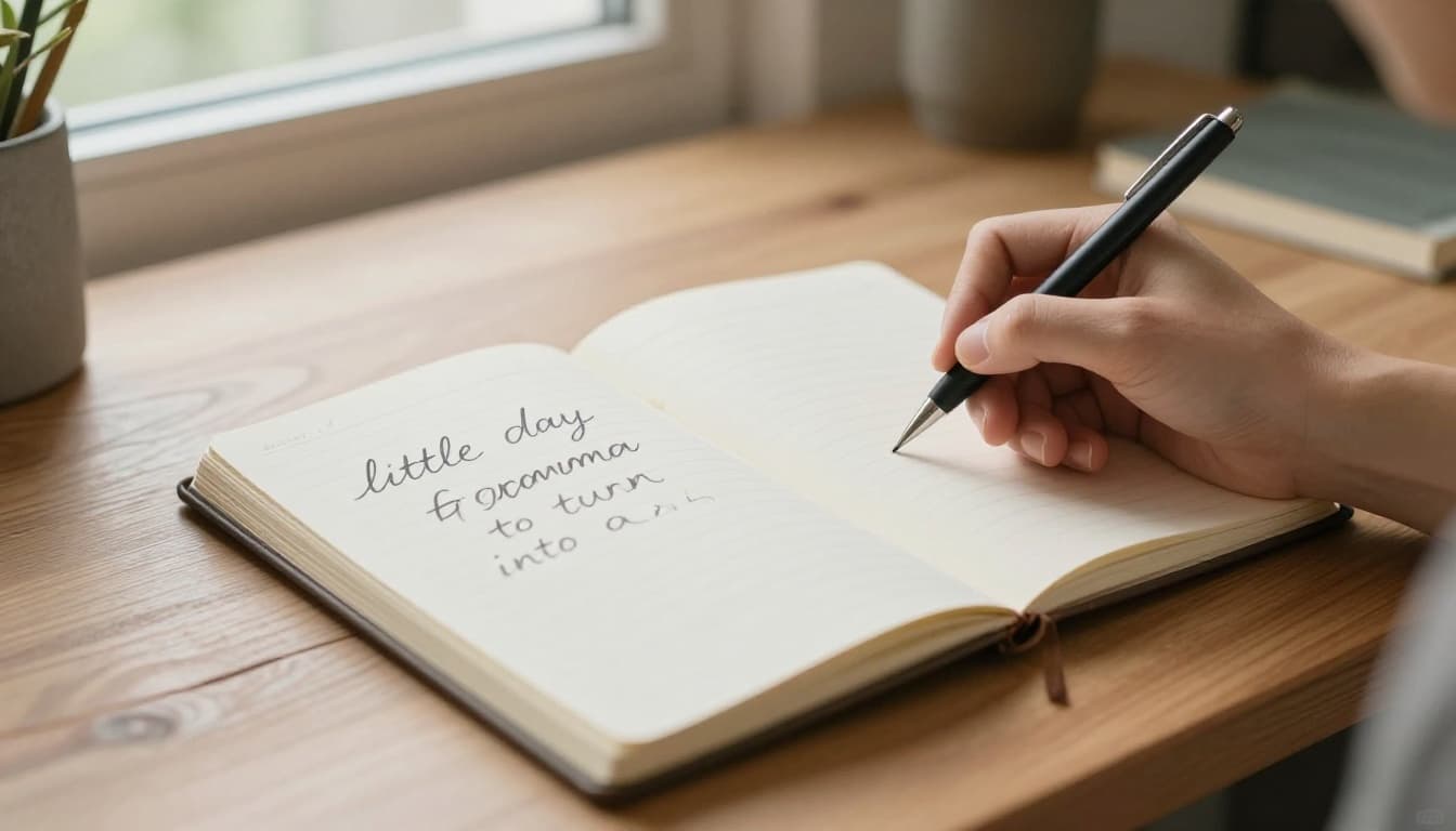 A single person writes relaxedly in an open notebook with pen in hand at a wooden desk in a bright cozy room, medium close-up on hands and notebook in watercolor style with soft blending, brush texture, and natural window lighting.