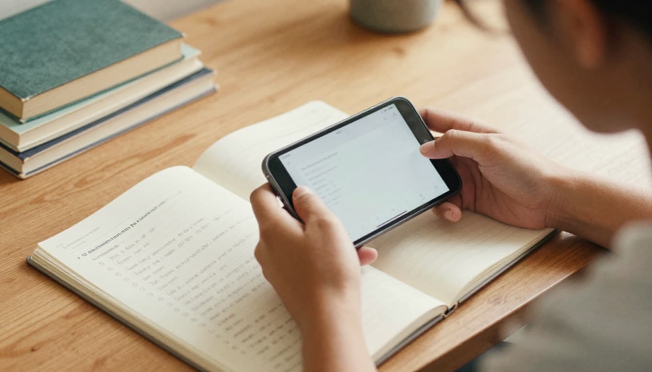 A focused person at a home desk uses a smartphone app and open notebook for grammar practice in a watercolor style with warm lighting.