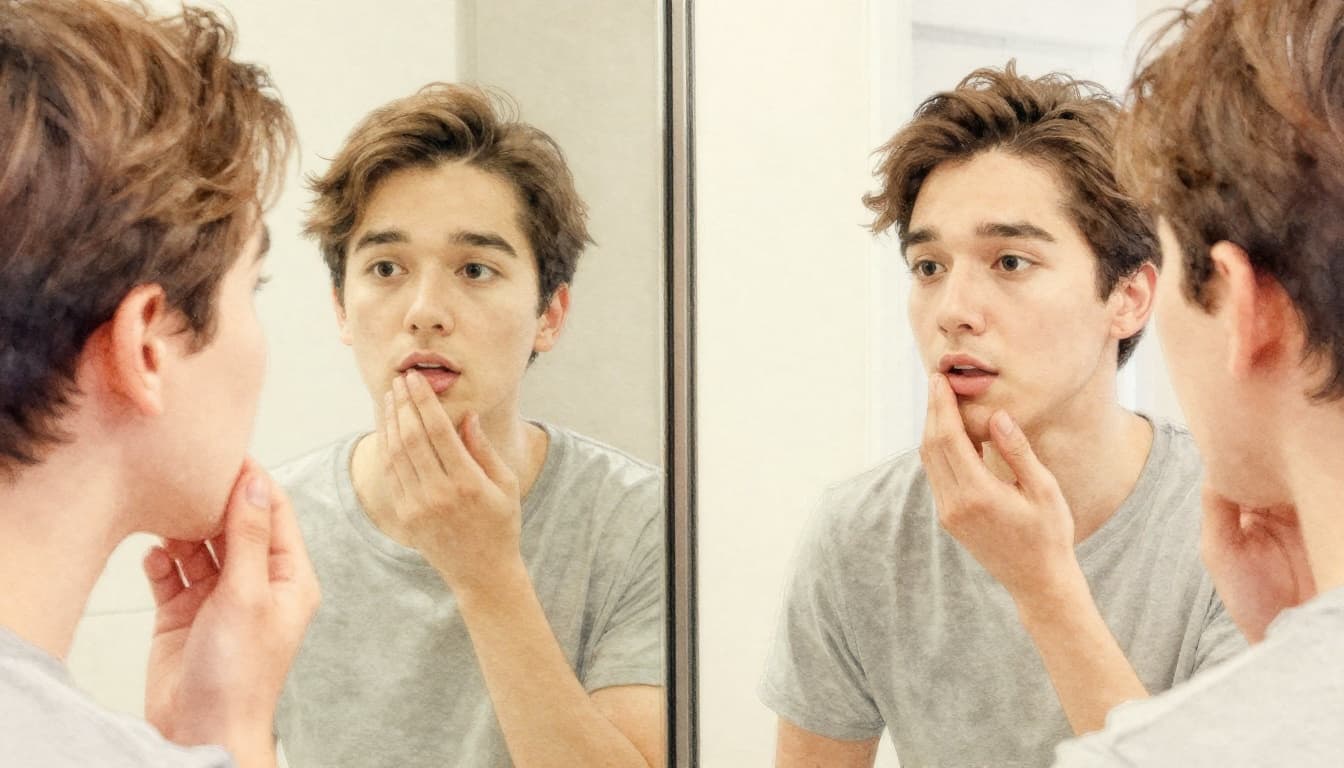 A person stands relaxed in a home bathroom, practicing mouth movements for pronunciation in front of a mirror, captured in close-up with watercolor style, soft blending, and natural daylight.