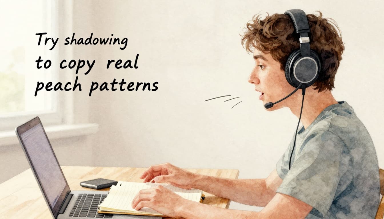 Side profile of a focused person wearing headphones, listening intently then speaking aloud to shadow speech patterns, seated at a home desk with notebook, in watercolor style with soft blending and brush texture.
