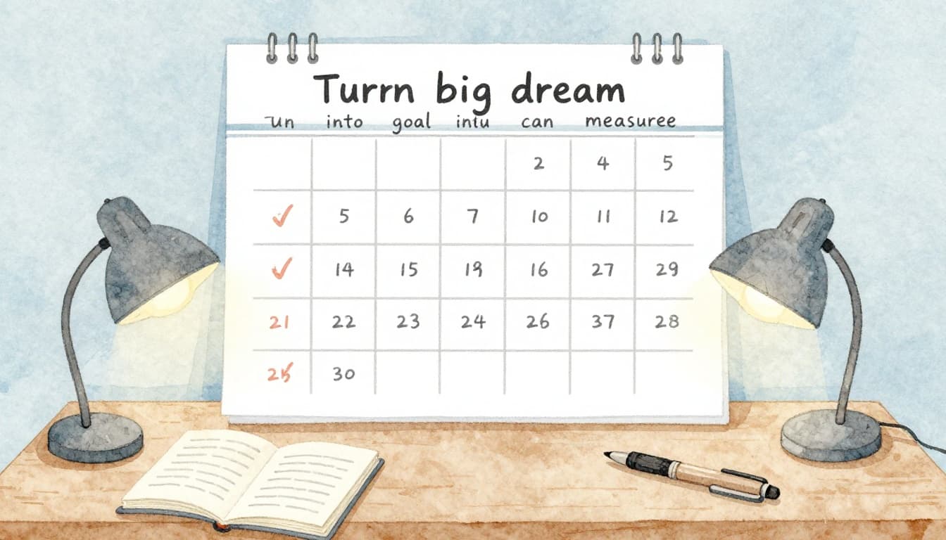 A simple watercolor illustration of a wall calendar marked with weekly checkmarks for language practice goals, accompanied by a notebook with vocabulary lists, softly lit desk lamp, and resting pen.